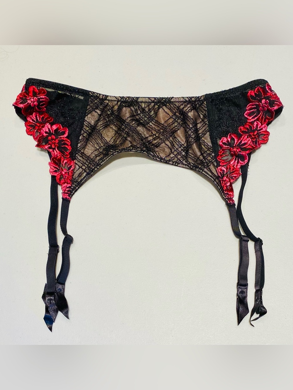 Victoria's Secret Black Lace Garter Belt with Red Floral Accents